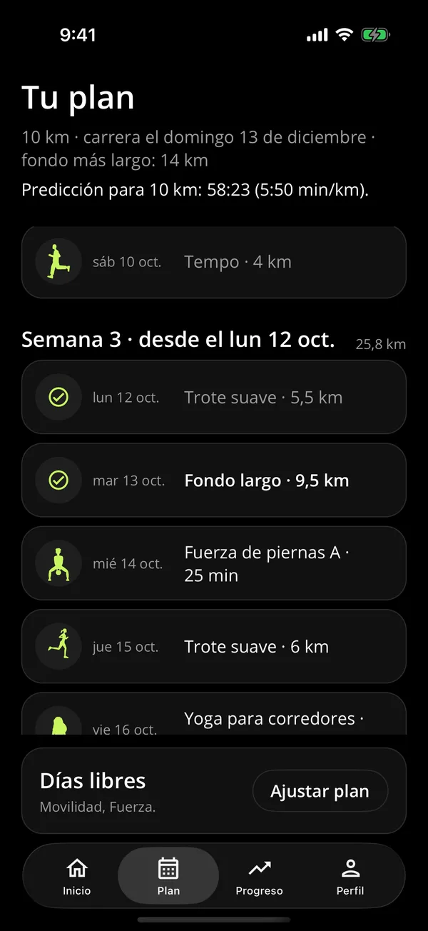 Tu plan con las sesiones de la semana y las cumplidas marcadas